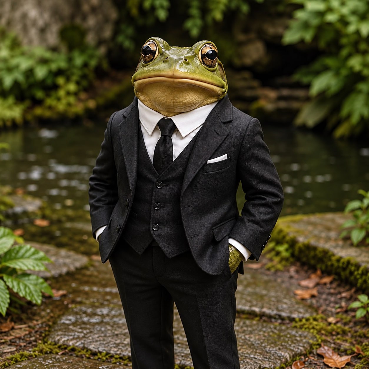 Mister Frog wearing a black suit in a forest pond